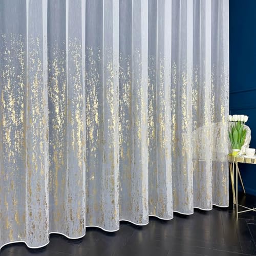 Gardinen Vorhangen Weiß Jacquard 400x250 cm (BxH) Modell Qatar Gardine Bleiband Kräuselband Pflegeleicht Fensterdekoration Goldene Elemente von Gardinen Vorhangen
