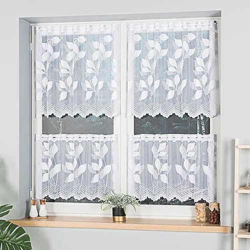 Gardinen Vorhangen Weiß Jacquard 400x70 cm (BxH) Dider Kurz Gardinen Scheibengardine Vorhänge Fenstergardinen Fertig zum Aufhängen Florales Blumenmotiv von Gardinen Vorhangen