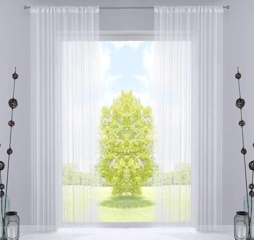 2er Set Fadengardine, HxB 250x140 cm, Weiß Lurex mit Tunneldurchzug und eingenähtem Kräuselband, geeignet für Gardinenstangen und Gardinenschienen Fadenvorhänge Fadenstores Raumteiler, 20303CN2 von Gardinenbox