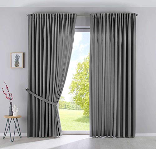 2er Set Vorhänge Verdeckte Schlaufen Cationic »JENA« HxB 250x300 cm Grau Blickdicht Leinen Optik Gardinen Meliert Gardinenband mit Raffhalter, 2019037-2 von Gardinenbox