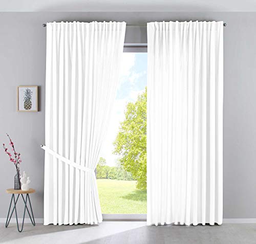 2er Set Vorhänge Verdeckte Schlaufen Cationic »JENA« HxB 250x300 cm Weiß Blickdicht Leinen Optik Gardinen Meliert Gardinenband mit Raffhalter, 2019037-2 von Gardinenbox