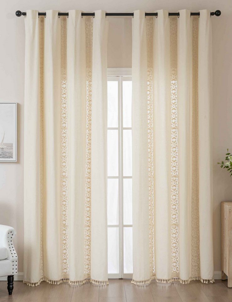 Gardinenbox Vorhang (2 St), Ösen, blickdicht, »Osaka« Linenlook Makrameespitze Bommeln 2024130-2 von Gardinenbox