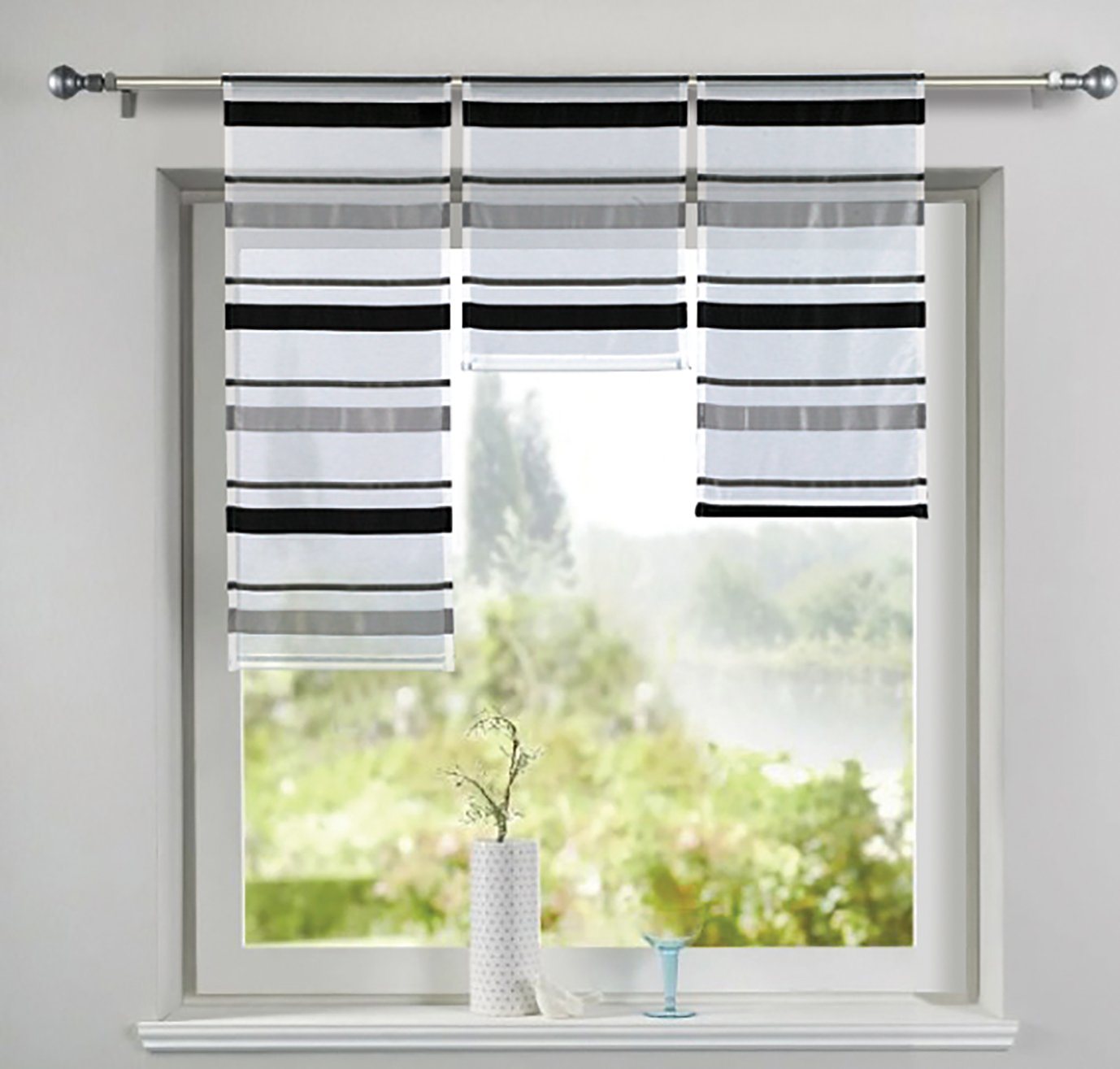 Gardinenbox Scheibengardine, Stangendurchzug (3 St), transparent, Jacquard Chenille, 3er Set Scheibenhänger HxB 40-60-80x30 cm Beschwerungsstange 2022200-2 von Gardinenbox