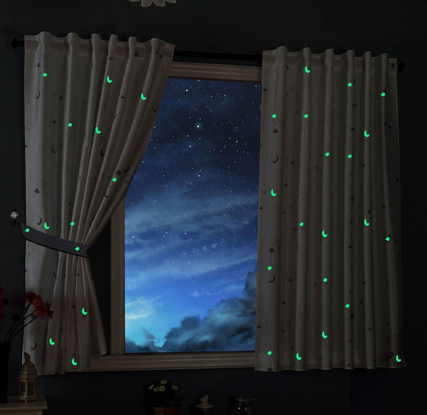 Vorhang, Gardinenbox, Multifunktionsband (2 St), blickdicht, Schal blickdicht Motiv Sterne Monde fluoreszierend leuchtend Universalband 20495 von Gardinenbox