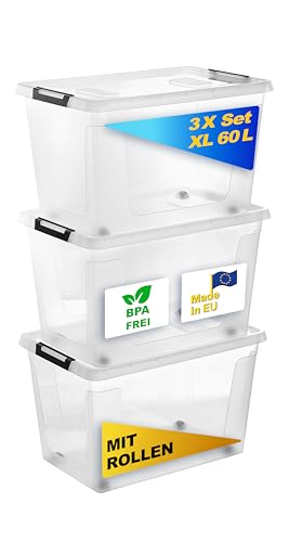 Gardissimo 3 er Set Aufbewahrungsbox mit Deckel und Rollen Clip 60 Liter, Kunststoff Boxen Stapelboxen Plastik, MADE IN Europe, Clip-Verschluss, BPA-frei transparent/durchsichtig von Gardissimo