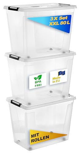 Gardissimo 3 er Set Aufbewahrungsbox mit Deckel und Rollen Clip 80 Liter, Kunststoff Boxen Stapelboxen Plastik, MADE IN Europe, Clip-Verschluss, BPA-frei transparent/durchsichtig von Gardissimo