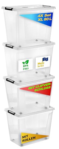 Gardissimo 4 er Set Aufbewahrungsbox mit Deckel und Rollen Clip 80 Liter, Kunststoff Boxen Stapelboxen Plastik, MADE IN Europe, Clip-Verschluss, BPA-frei transparent/durchsichtig von Gardissimo