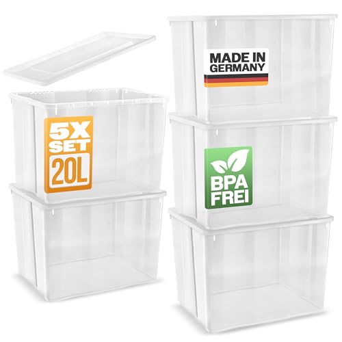 Gardissimo 5 er Set Aufbewahrungsbox mit Deckel 20 Liter, Kunststoff Boxen Stapelboxen Plastik, MADE IN GERMANY, Klick-Verschluss von Gardissimo