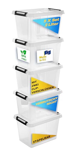Gardissimo 5 er Set Aufbewahrungsbox mit Deckel Clip 2 Liter, Kunststoff Boxen Stapelboxen Plastik, MADE IN Europe, Clip-Verschluss, BPA-frei von Gardissimo