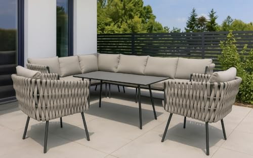 Gardissimo "Abby Links Taupe Dining Lounge mit Ecksofa, Esstisch, 2 Sessel, Kissen, wetterfest 9 Personen, Bezüge waschbar, Aluminium Sitzgruppe Gartenlounge Garten Möbel Set, Rope von Gardissimo