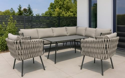 Gardissimo "Abby rechts Taupe Dining Lounge mit Ecksofa, Esstisch, 2 Sessel, Kissen, wetterfest 9 Personen, Bezüge waschbar, Aluminium Sitzgruppe Gartenlounge Garten Möbel Set, Rope von Gardissimo