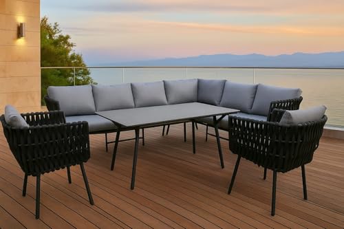 Gardissimo "Abby rechts schwarz Dining Lounge mit Ecksofa, Esstisch, 2 Sessel, Kissen, wetterfest 9 Personen, Bezüge waschbar, Aluminium Sitzgruppe Gartenlounge Garten Möbel Set, anthrazit, Rope von Gardissimo