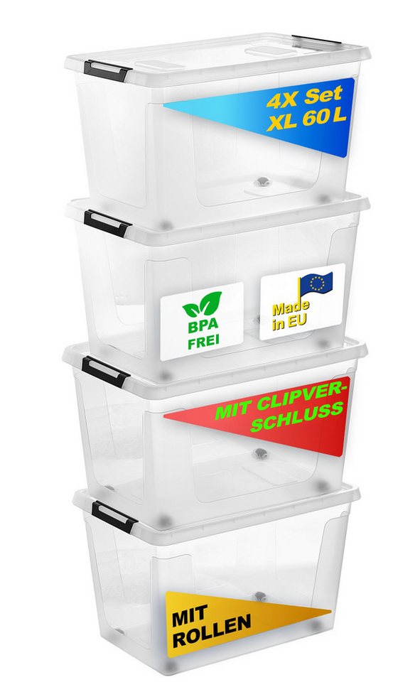 Gardissimo Aufbewahrungsbox 4 er Set mit Deckel "Clip" Kunststoff Boxen Stapelboxen groß (Spar-Set, 4 Boxen + 4 Deckel), mit Clipverschluss und Rollen / stapelbar / nestbar von Gardissimo