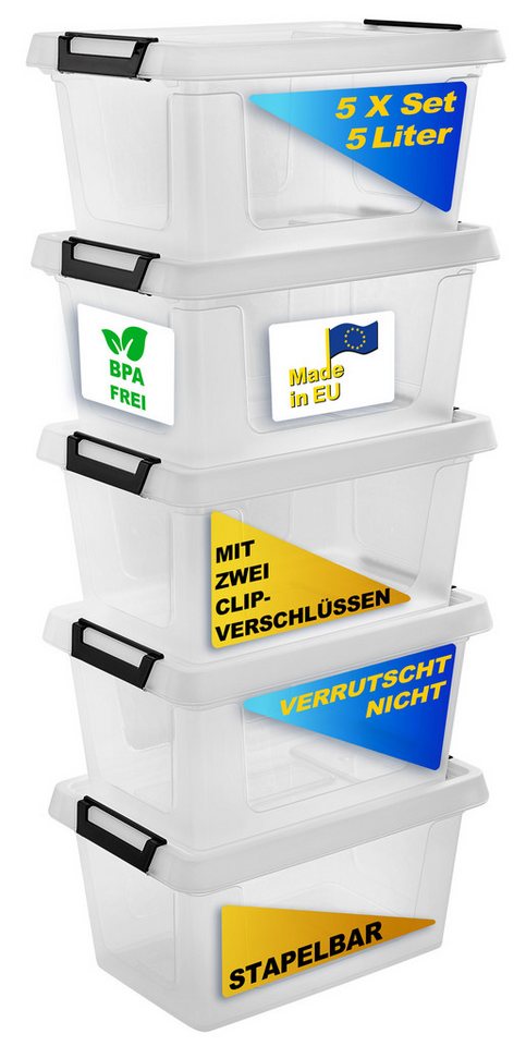 Gardissimo Aufbewahrungsbox 5 er Set mit Deckel "Clip" 5 Liter Kunststoff Boxen Stapelboxen (Spar-Set, 5 Boxen + 5 Deckel), mit Clipverschluss / stapelbar / nestbar von Gardissimo