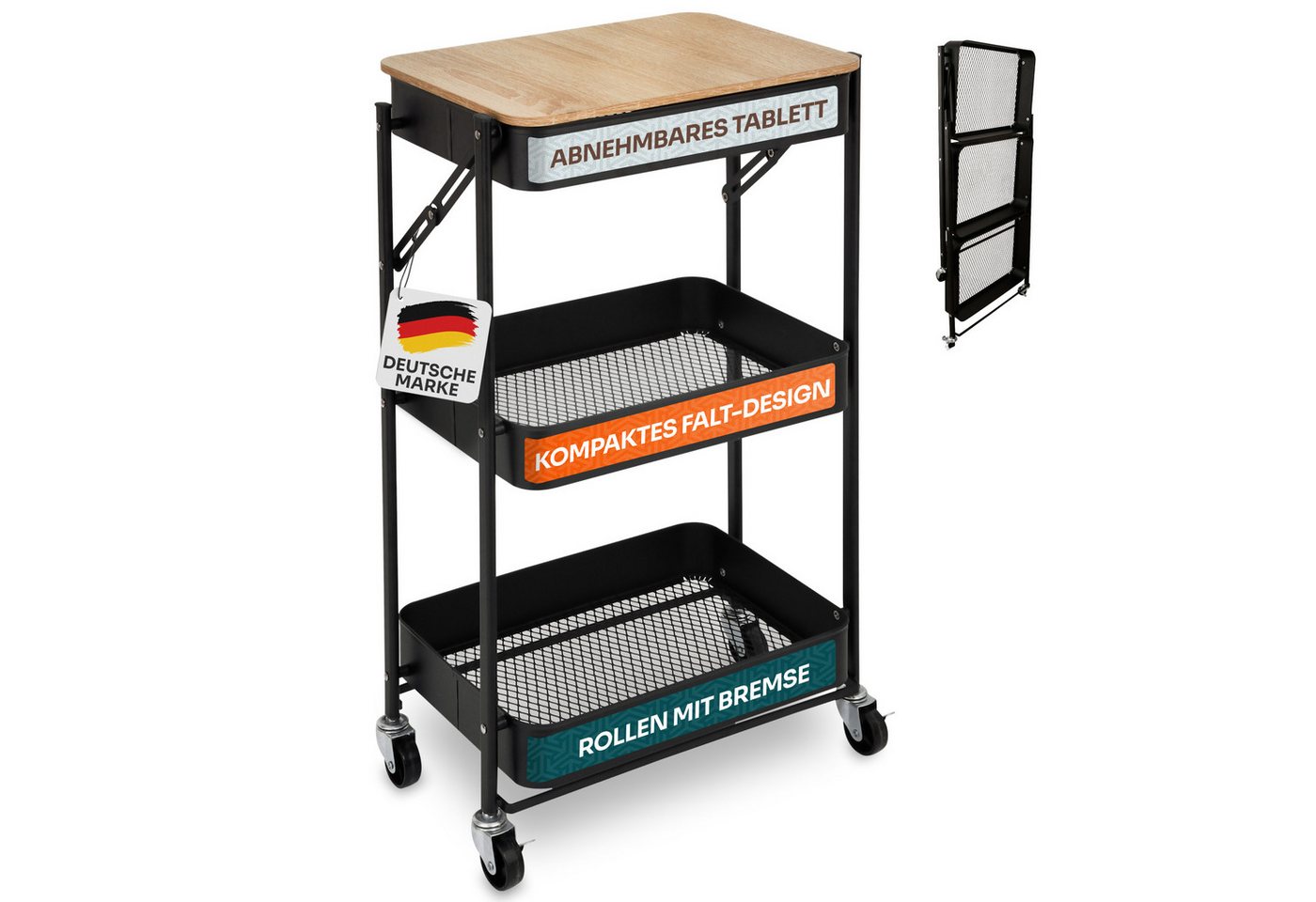 Gardissimo Beistellwagen Plate klappbar mit 4 Rollen aus Metall und Serviertablett, (komplett-Set), Rollwagen Küchenwagen Nischenregal Servierwagen mit Tablett von Gardissimo
