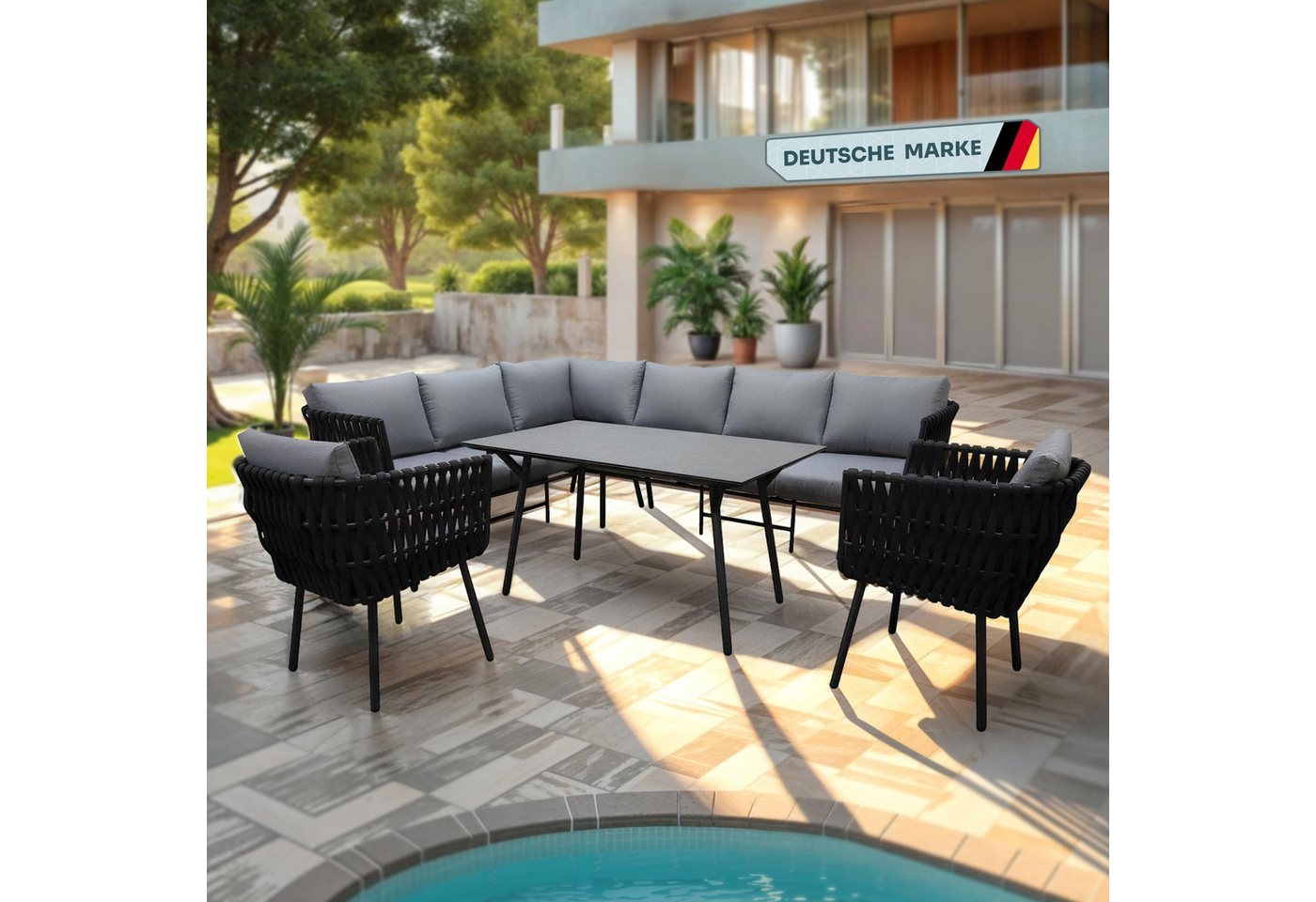 Gardissimo Gartenlounge-Set Abby links schwarz Rope Gartenmöbelset, (Set, 4-tlg., Alu, Ecklounge, Esstisch, 2 Sessel, inkl. Auflagen), wetterfest / Bezüge waschbar / Aluminium von Gardissimo