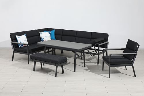 Gardissimo Hohe Dining Aluminium Lounge Nara XL Links grau, inklusive XL Bank, Sessel und wasserabweisender Kissen von Gardissimo