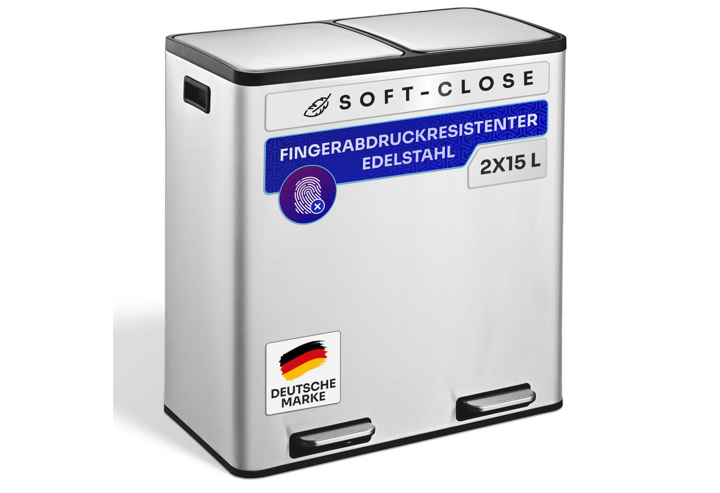 Gardissimo Mülleimer Edelstahl Duo Abfalleimer Treteimer Ruby 2 x 15 Liter = 30 Liter, Soft-Close Deckel Fingerabdruck resistent mit zwei Inneneimern von Gardissimo