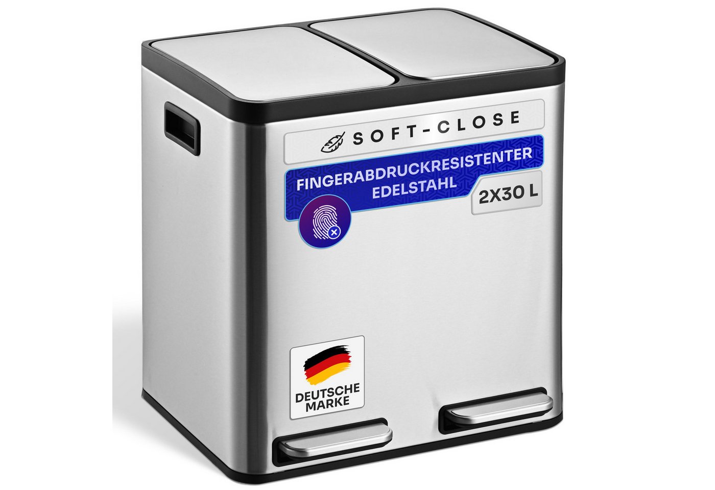 Gardissimo Mülleimer Edelstahl Duo Abfalleimer Treteimer Ruby 2 x 30 Liter = 60 Liter, Soft-Close Deckel Fingerabdruck resistent mit zwei Inneneimern von Gardissimo