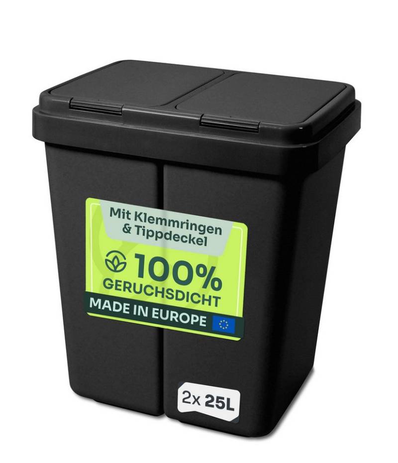 Gardissimo Mülltrennsystem Duo Bin schwarz Müllsortierer Doppel Mülltonne Abfalleimer 2 fach, 2 mal 25 Liter Fassungsvermögen / mit Tippdeckel und Klemmringen von Gardissimo