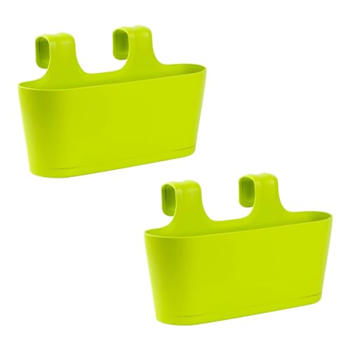 Gariella - 2 x Blumenkasten in Grün, Hängekasten, Geländer-Montage, Balkon, Außenbereich, 5,5 L, oval, Kunststoff, Übertopf, Pflanzkasten, Blumentopf zum Hängen, Wasserspeicher/Untersetzer von Gariella