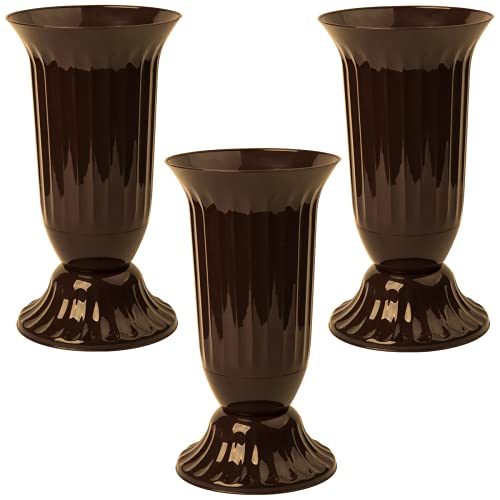 3X Außen Vase für Garten oder Grab in runder Form sehr robustem Kunststoff mit abnehmbarem Stad-Fuß Braun von Gariella