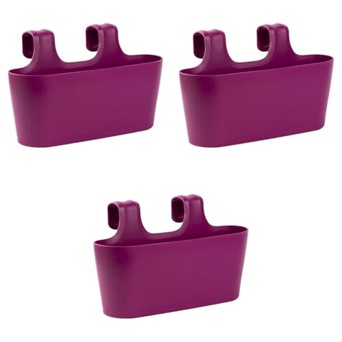 Gariella - 3 x Blumenkasten in Lila, Hängekasten, Geländer-Montage, Balkon, Außenbereich, 5,5 L, oval, Kunststoff, Übertopf, Pflanzkasten, Blumentopf zum Hängen, Wasserspeicher/Untersetzer von Gariella