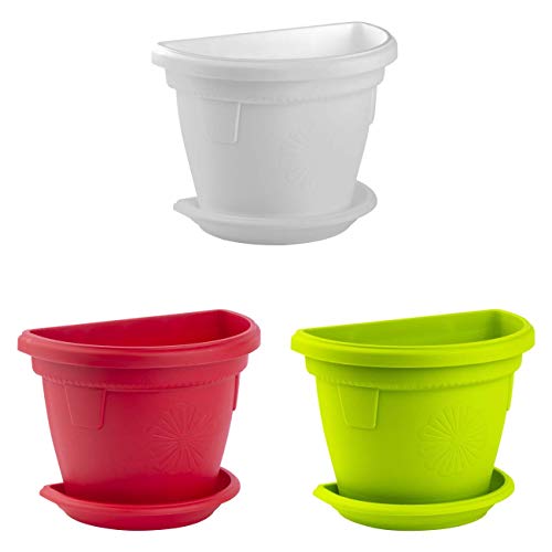 Gariella 3X Pflanzkübel für den Außenbereich Balkontopf mit Untersetzer hängend Wand widerstandsfähig bruchfest Kunststoff Bunt BPA-frei 2,4L von Gariella