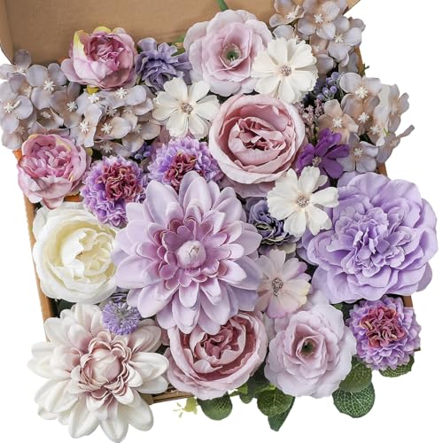 Garisey Künstliche Blumen Kombi-Box Set für DIY Hochzeit Blumenstrauß Arrangements Brautdusche Party Home Dekorationen (Weiß Lila Pfingstrose) von Garisey