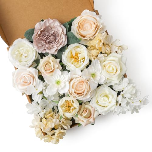 Garisey Künstliche Blumen Kombi-Box Set für DIY Hochzeit Blumenstrauß Arrangements Brautdusche Party Home Dekorationen (Zeitlose Elfenbein-Rose) von Garisey
