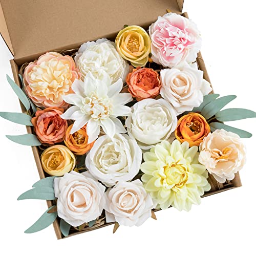 Garisey Künstliche Blumen-Kombi-Box-Set für DIY-Hochzeitsstrauß-Arrangements, Brautparty, Party, Heimdekorationen(Orange Weiß Pfingstrose) von Garisey