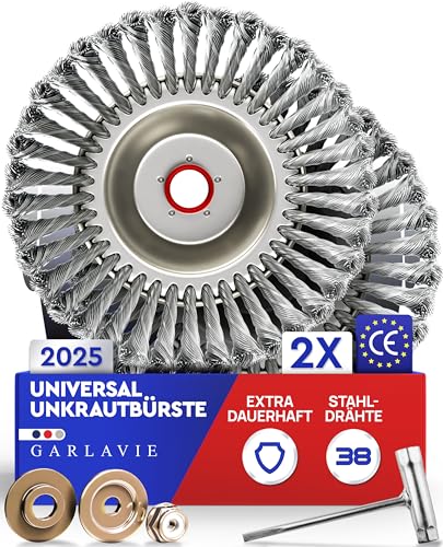 GARLAVIE 2X Profi Unkrautbürste Freischneider mit 25,4mm Bohrung - Hochwertige Wildkrautbürste für Motorsense - Drahtbürste Freischneider für effektive Moosentfernung von Garlavie