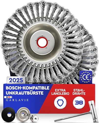 GARLAVIE 2X Unkrautbürste für Bosch Motorsense – Wildkrautbürste mit Adapter für Freischneider, langlebiges Zubehör zur Moos- & Unkrautentfernung von Garlavie