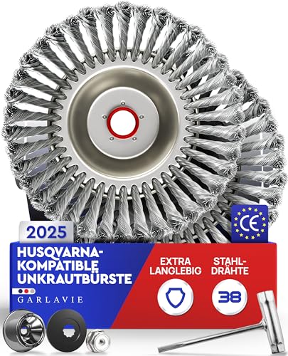 GARLAVIE 2X Unkrautbürste für Husqvarna Motorsense – Wildkrautbürste mit Adapter für Freischneider, langlebiges Zubehör zur Moos- & Unkrautentfernung von Garlavie