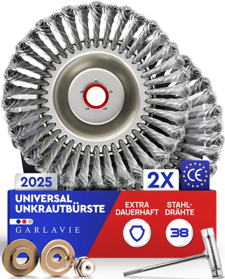Garlavie Unkrauthacke Profi Unkrautbürste Freischneider mit 25,4mm Bohrung, 2 St., Drahtbürste Freischneider für effektive Moosentfernung Silber, Hochwertige Wildkrautbürste für Motorsense von Garlavie