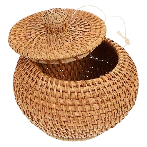 1stk Aufbewahrungskiste Korb Aus Seegras Kleiner Weidenkorb Mit Deckel Boho-mülleimer Mini-mülltonnen Rattanbox Mit Deckel Desktop-mülleimer Toilette Runde Schachtel Herbstreben von Garneck