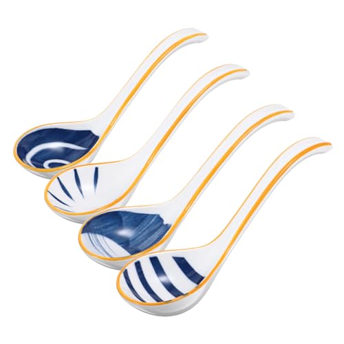 Garneck 4 Stück Teiliges Keramik suppenlöffel Langem Griff Asiatischer Stil Handbemalte Blumenmuster Hitzebeständig und Spülmaschinenfest für Ramen Wonton Nudeln und Suppen von Garneck