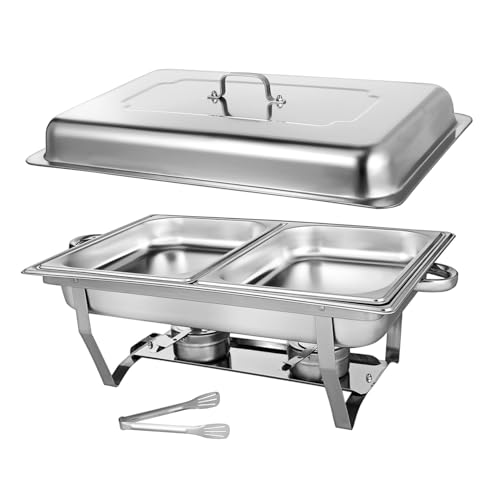 Garneck Edelstahl Chafing Dish Buffetwärmer mit Geteiltem Doppelbehälter für Catering und Veranstaltungen Rechteckiges Faltbares Speisenwärmer tablett für Hochzeiten Partys Bankette von Garneck