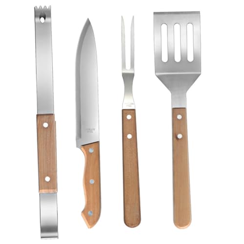 Garneck Edelstahl Grillbesteck Set Teilig mit Buchenholzgriff Leichtes Camping Grillzubehör mit Spachtel Gabel Messer und Zange rutschfeste Griffe für Outdoor BBQ und Picknick von Garneck