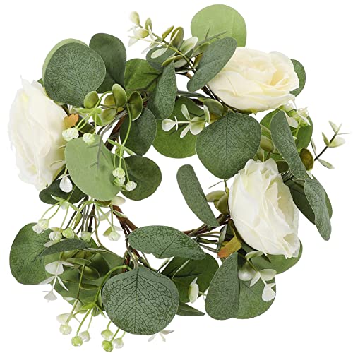 Garneck Kerzengirlande Grüner Kranz Ring Reifen Blumen Kerzenring Rosenkerzenkranz Minikränze Für Kerzen Kerzenringe Für Säulen Kerze Blumenring Seidentuch Blätter Künstliche Blumen Weiß von Garneck