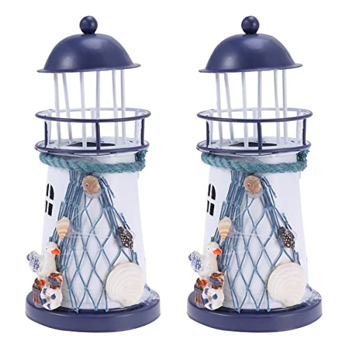 Garneck Leuchtturm Klein Led 2 Stücke Handbetriebene Nacht Tee Outdoor Tisch Blau Nachtlicht Thema Mittelmeer Halter Solarnetz Dekoration Schlafzimmer Mit Fisch Meer Bemalter Strand von Garneck