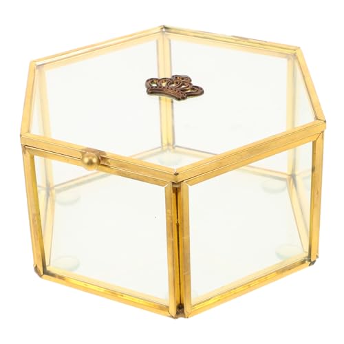 Garneck Vintage Glas Schmuckkästchen mit Kupferrahmen und Transparentem Deckel Hexagonales Aufbewahrungsbox für Ringe und Accessoires Dekoratives Schmuckkästchen aus Glas für Frauen und von Garneck