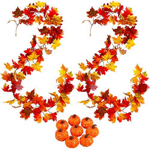 Herbst Girlande, 2 Stück Künstliche Ahornblätter-Girlande Herbstlaub mit 8 Pcs Künstliche Kürbis Herbst Dekoration für Thanksgiving Hochzeiten Outdoor Home Weihnachtsfeiern Dekoration von Garneck