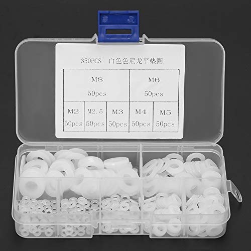 350pcs White Nylon Plastic Washer Flache Runde Unterlegscheibe Dichtungsring Kit M2/M2.5/M3/M4/M5/M6/M8 Unterlegscheibe ORings mit Aufbewahrungsbox Sortiment Box Weiß von Garosa