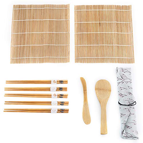 9Stück Bambus Sushi-Kit, Sushi Maker Kit 2 Bambus-Rollmatten 5 Stäbchen 1 Reislöffel 1 Sushi Blade DIY Geschenk Bambusmatten und Utensilien für Anfänger Liebhaber die Eigenherstellung von Sushi von Garosa