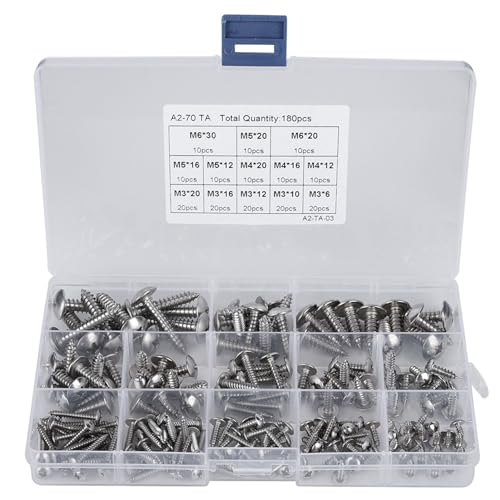 Garosa 180Pcs M3 M4 M5 M6 Schraubensatz Edelstahl Flachkopf Kreuz Holzschrauben Selbstschneidende Schrauben Sortiment Set Kit für mehrere Zwecke von Garosa