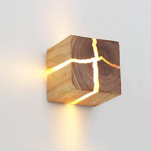 Garosa Rissige Holzmaserung Square Log Wandleuchte Wandleuchte Schlafzimmer Nachttischlampe Innenbeleuchtung 100-240V Dekoration Korridorlampe Warmweißes Licht,Wandlampe von Garosa