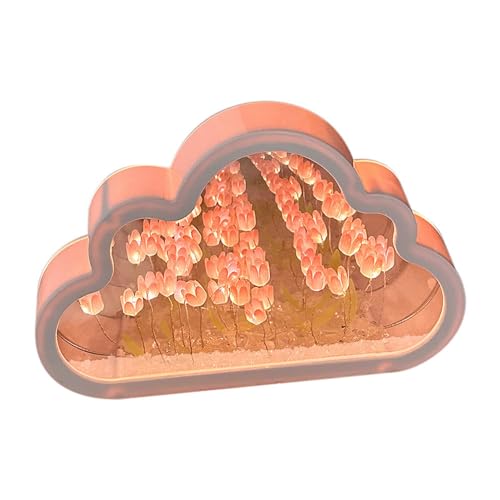 DIY Tulpe Nachtlicht Mirror Cloud Shaped Wolkenspiegel-Nachtlichter 20 Rosa Blumen Tulpen-Tischlampe Eingebaute Batterien Tulpenlampe für Freunde Freundinnen Geburtstag von Garosa