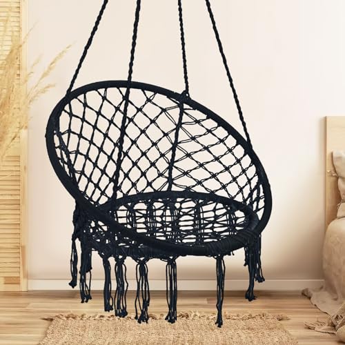 Garpans Hängemattenstuhl Makramee Schaukel Bohemian Style Hängematte Schaukel Stuhl mit Quasten Hängeschaukelstuhl Handgemachtes Gestricktes Baumwollseil für Indoor Outdoor Schlafzimmer Terrasse Max von Garpans