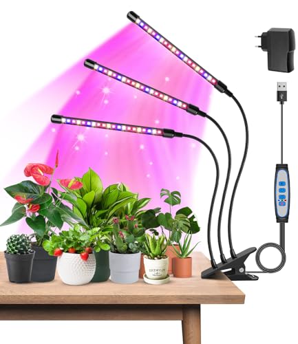 Garpsen Pflanzenlichter, 3 Köpfe, rot, blau, warmweiß, Vollspektrum-Wachstumslichter für Zimmerpflanzen, 60 LEDs, LED-Wachstumslicht für Samenstart, mit automatischem ON/OFF 6/12/16H Timer, 5 dimmbare von Garpsen